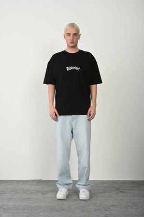Erkek Baskılı T-Shirt Kısa Kol Bisiklet Yaka Rahat Kalıp Tişört - Siyah