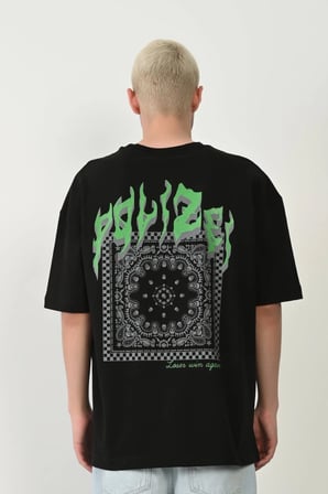 Erkek Baskılı T-Shirt Kısa Kol Bisiklet Yaka Rahat Kalıp Tişört  - Siyah