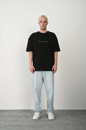 Erkek Baskılı T-Shirt Kısa Kol Bisiklet Yaka Rahat Kalıp Tişört  - Siyah