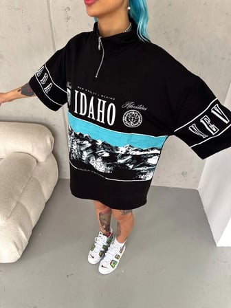 Kadın Baskılı Yarım Fermuarlı Kısa kol T-Shirt - Siyah