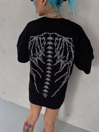 Kadın Baskılı Bisiklet Yaka T-Shirt - Siyah