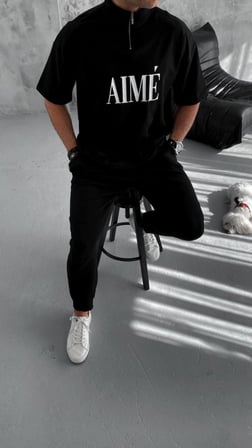 ERKEK Tişört Yakalı Yarım Fermuarlı  Kısa Kol Baskılı T-Shirt - Siyah
