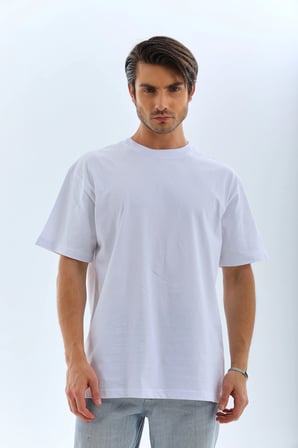 Erkek Düz Yazlık Kısa Kol Tişört Bisiklet Yaka Oversize T-Shirt - Beyaz