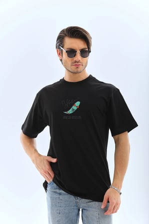 Erkek Kısa Kol Yazlık Tişört Bisiklet Yaka Baskılı Oversize T-Shirt - Siyah