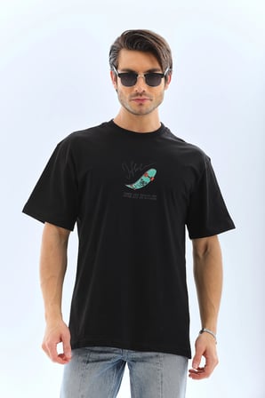 Erkek Kısa Kol Yazlık Tişört Bisiklet Yaka Baskılı Oversize T-Shirt - Siyah