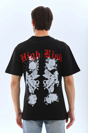 Erkek Baskılı T-Shirt Kısa Kol Bisiklet Yaka Rahat Kalıp Tişört  - Siyah