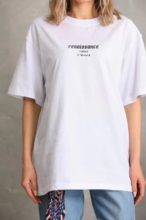 Kadın Kısa Kol Yazlık Tişört Bisiklet Yaka Baskılı Oversize T-Shirt - Beyaz