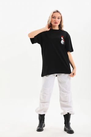 Kadın Kısa Kol Yazlık Tişört Bisiklet Yaka Baskılı Oversize T-Shirt - Siyah