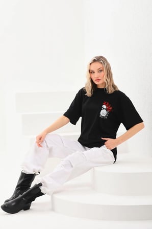 Kadın Kısa Kol Yazlık Tişört Bisiklet Yaka Baskılı Oversize T-Shirt - Siyah