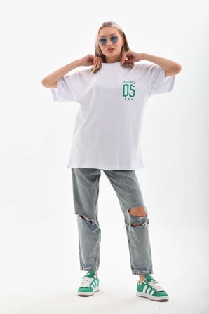 Kadın Baskılı kısa kol  Oversize T-Shirt - Beyaz