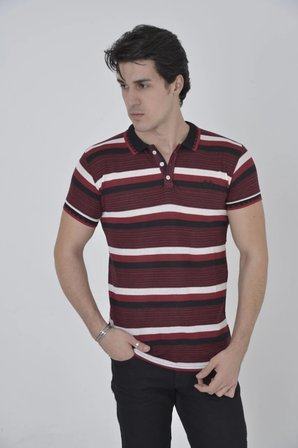 Erkek Polo Yaka tişört Slim Fit Dokuma Çizgili Kısa kol T-Shirt - Bordo