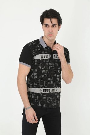 Erkek Polo Yaka tişört Slim Fit Baskılı Kısa kol T-Shirt - Siyah