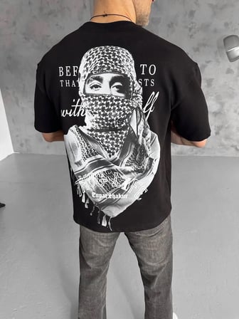 Erkek Kısa Kol Tişört Bisiklet Yaka Filistin Poşulu Baskılı T-Shirt - Siyah
