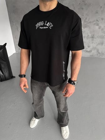 Erkek Kısa Kol Tişört Bisiklet Yaka Filistin Poşulu Baskılı T-Shirt - Siyah