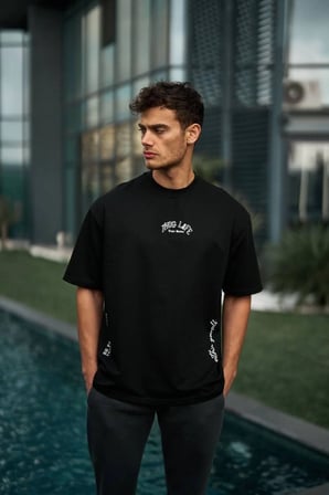 Erkek Kısa Kol Tişört Bisiklet Yaka Filistin Poşulu Baskılı T-Shirt - Siyah