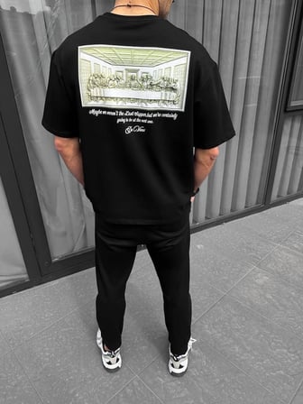 Erkek Baskılı T-Shirt Kısa Kol Bisiklet Yaka Regular Fit Rahat Kalıp Günlük Tişört - Siyah