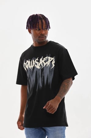 Erkek Baskılı T-Shirt Kısa Kol Bisiklet Yaka Rahat Kalıp Tişört - Siyah