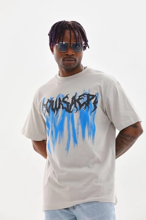 Erkek Baskılı T-Shirt Kısa Kol Bisiklet Yaka Rahat Kalıp Tişört - Gri