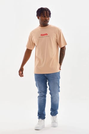 Erkek Baskılı T-Shirt Kısa Kol Bisiklet Yaka Rahat Kalıp Tişört  - Bej