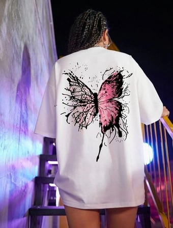 Kadın Kısa Kol Yazlık Tişört Bisiklet Yaka Kelebek Baskılı T-Shirt - Beyaz