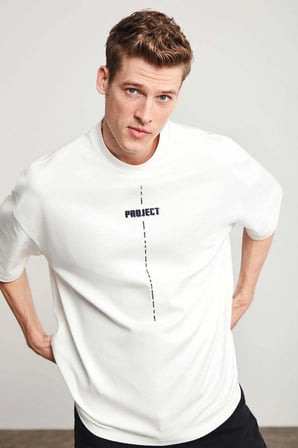Erkek Baskılı T-Shirt Kısa Kol Bisiklet Yaka Regular Fit Rahat Kalıp Tişört - Beyaz