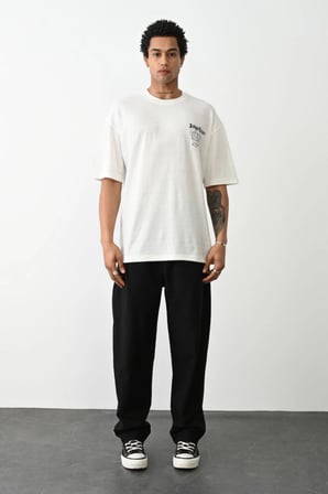 Erkek Kısa Kol Yazlık Tişört Bisiklet Yaka Baskılı Oversize T-Shirt - Beyaz