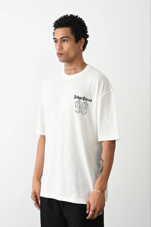 Erkek Kısa Kol Yazlık Tişört Bisiklet Yaka Baskılı Oversize T-Shirt - Beyaz