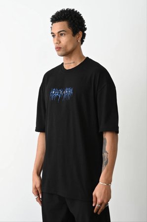 Erkek Baskılı Oversize  Kısa kol T-Shirt - Siyah
