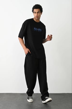 Erkek Baskılı Oversize  Kısa kol T-Shirt - Siyah