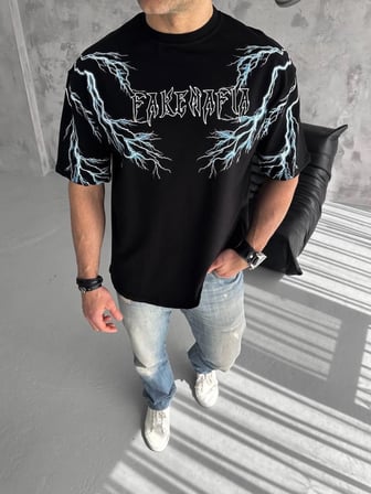 Erkek Bisiklet Yaka Tişört Yıldırım Şimşek Baskılı Kısa Kol T-Shirt -Siyah