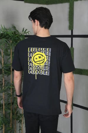 Erkek Kısa Kol Yazlık Tişört Bisiklet Yaka Baskılı Oversize T-Shirt - Siyah