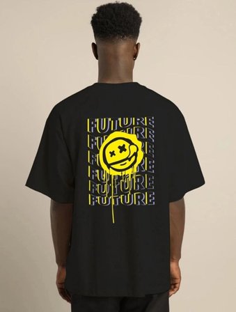 Erkek Kısa Kol Yazlık Tişört Bisiklet Yaka Baskılı Oversize T-Shirt - Siyah