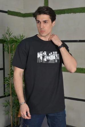 Erkek Kısa Kol Yazlık Tişört Bisiklet Yaka Baskılı Oversize T-Shirt - Siyah