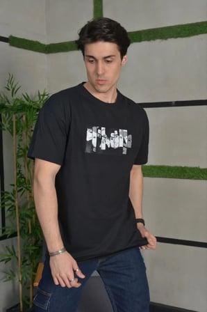 Erkek Kısa Kol Yazlık Tişört Bisiklet Yaka Baskılı Oversize T-Shirt - Siyah