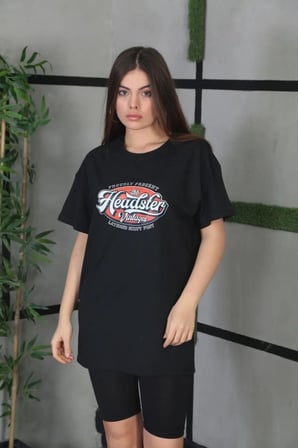 Kadın Kısa Kol Yazlık Tişört Bisiklet Yaka Baskılı Oversize T-Shirt - Siyah