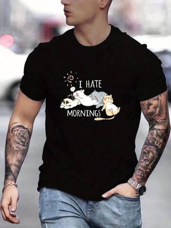 Erkek Baskılı T-Shirt Kısa Kol Bisiklet Yaka Regular Fit Rahat Kalıp Günlük Tişört - Siyah