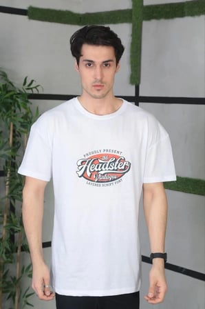 Erkek Baskılı T-Shirt Kısa Kol Bisiklet Yaka Regular Fit Rahat Kalıp Günlük Tişört - Beyaz