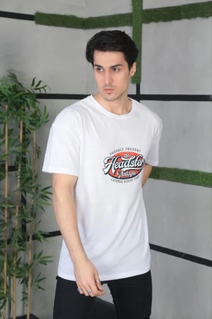 Erkek Baskılı T-Shirt Kısa Kol Bisiklet Yaka Regular Fit Rahat Kalıp Günlük Tişört - Beyaz