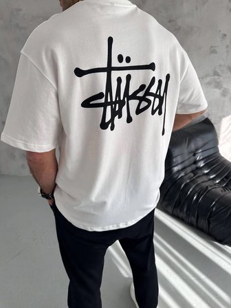 Erkek Tişört Bisiklet Yaka Baskılı Oversize Kısa kol T-Shirt - Beyaz