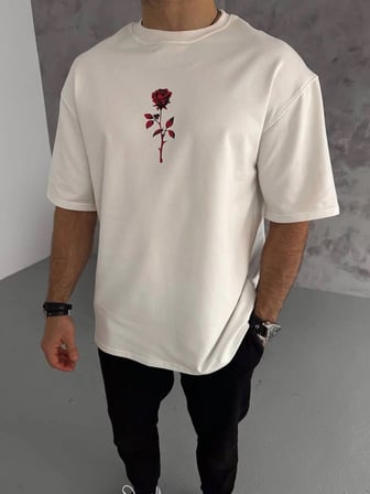 Erkek Kısa Kol Tişört Bisiklet Yaka GÜL Baskılı Oversize T-Shirt - Beyaz