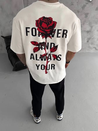 Erkek Kısa Kol Tişört Bisiklet Yaka GÜL Baskılı Oversize T-Shirt - Beyaz
