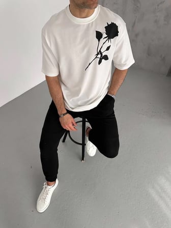 Erkek Kısa Kol Tişört Bisiklet Yaka GÜL Baskılı Oversize T-Shirt - Beyaz
