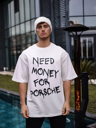 Erkek Kısa Kol Yazlık Tişört Bisiklet Yaka Baskılı Oversize T-Shirt - Beyaz