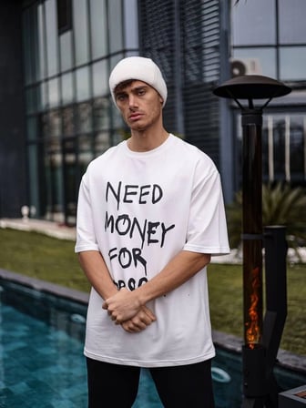 Erkek Kısa Kol Yazlık Tişört Bisiklet Yaka Baskılı Oversize T-Shirt - Beyaz