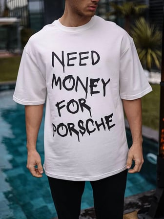 Erkek Kısa Kol Yazlık Tişört Bisiklet Yaka Baskılı Oversize T-Shirt - Beyaz