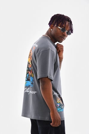 Erkek Tişort  Bisiklet Yaka Baskılı Oversize T-Shirt - Gri