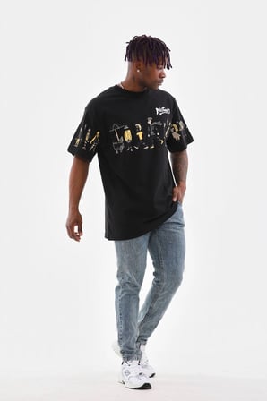 Erkek Kısa Kol Yazlık Tişört Bisiklet Yaka Baskılı Oversize T-Shirt - Siyah