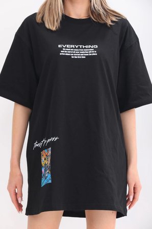 kadın  Bisiklet Yaka Baskılı Oversize T-Shirt - Siyah