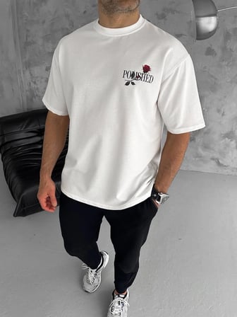 Erkek Kısa Kol Yazlık Tişört Bisiklet Yaka Baskılı Oversize T-Shirt - Beyaz