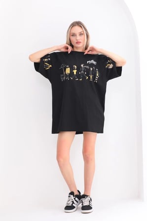 Kadın Kısa Kol Yazlık Tişört Bisiklet Yaka Baskılı Oversize T-Shirt - Siyah